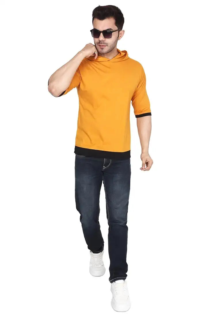 Cotton Blend Dropshoulder Mens Hooded Oversized T-Shirt - Mustard Yellow