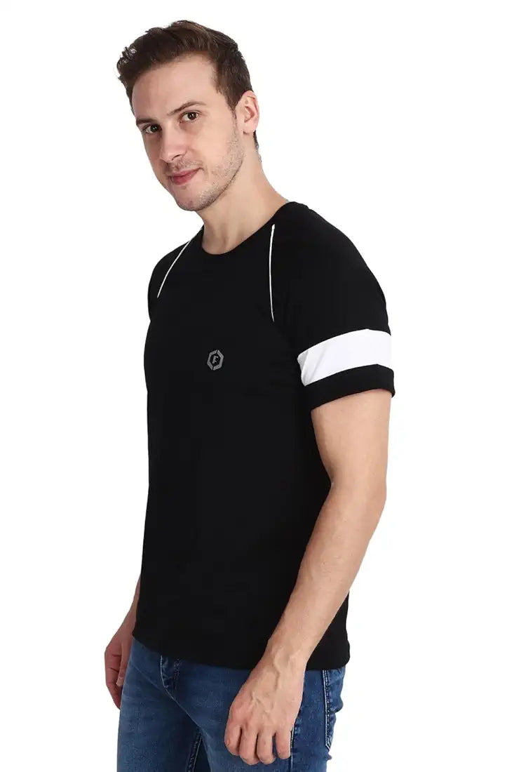 Ocustomo Color-Blocked Halfsleeves Raglan Mens White Strip T-Shirt - Black