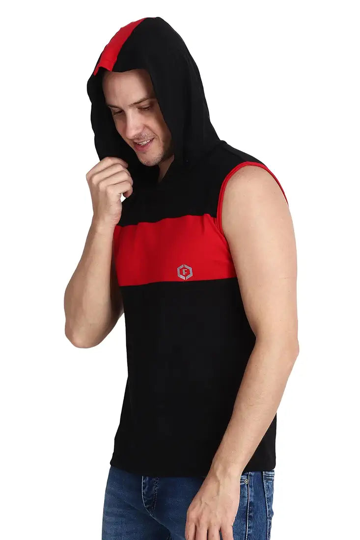 Ocustomo Color-Blocked Hood Neck Sleeveless Vest Top Tank with Red Strip - Black | Style 25