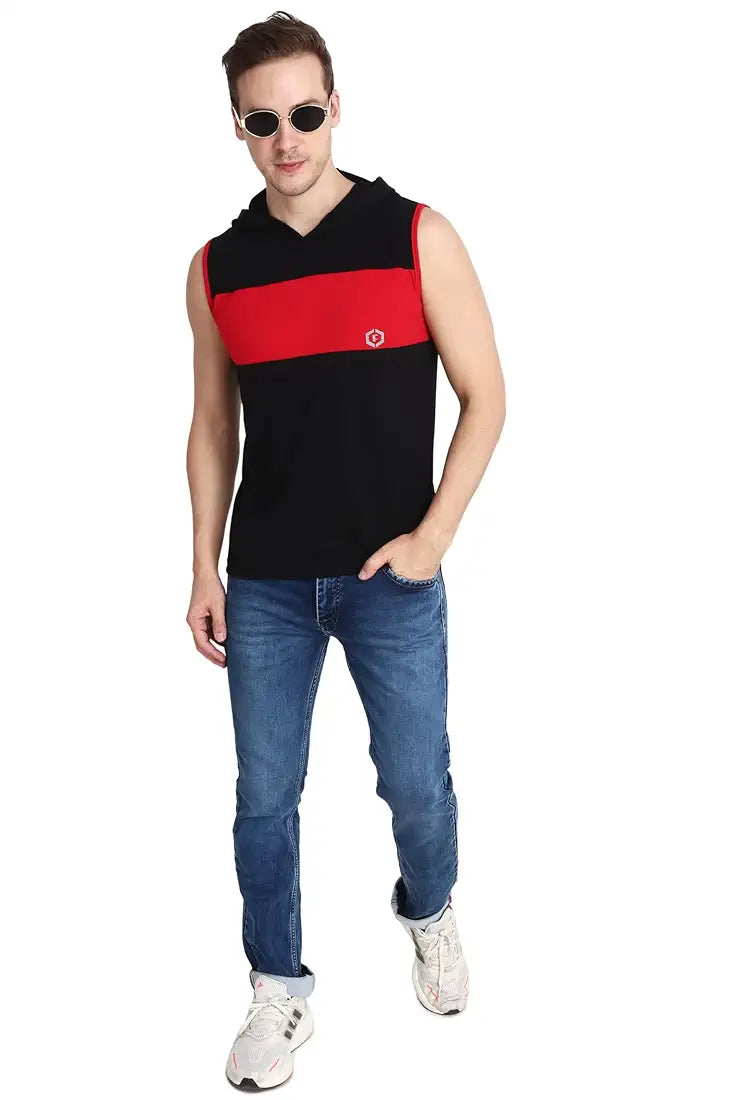 Ocustomo Color-Blocked Hood Neck Sleeveless Vest Top Tank with Red Strip - Black | Style 25