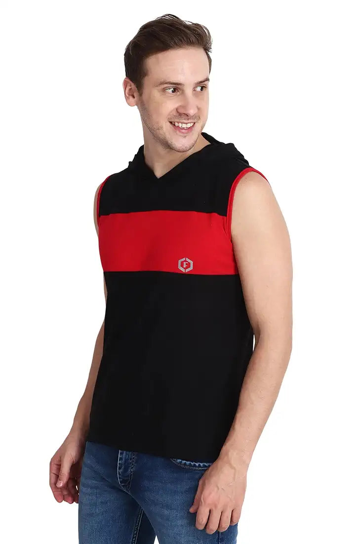 Ocustomo Color-Blocked Hood Neck Sleeveless Vest Top Tank with Red Strip - Black | Style 25