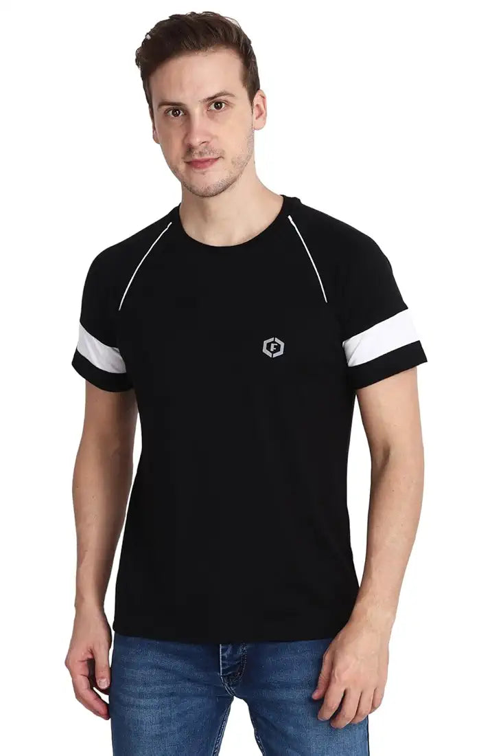 Ocustomo Color-Blocked Halfsleeves Raglan Mens White Strip T-Shirt - Black