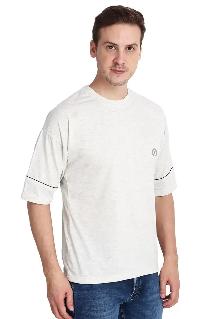 Premium Cotton Blend Half-Sleeve Men's Black Strip Oversized T-Shirt in Light Grey