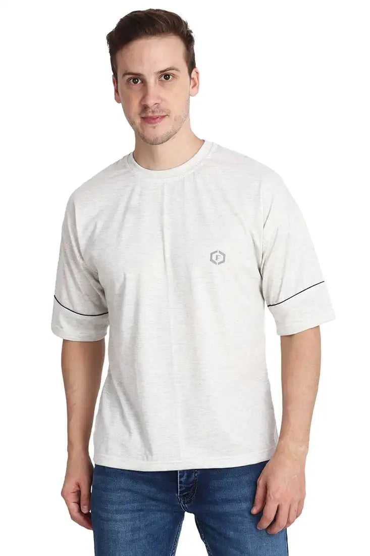 Premium Cotton Blend Half-Sleeve Men's Black Strip Oversized T-Shirt in Light Grey
