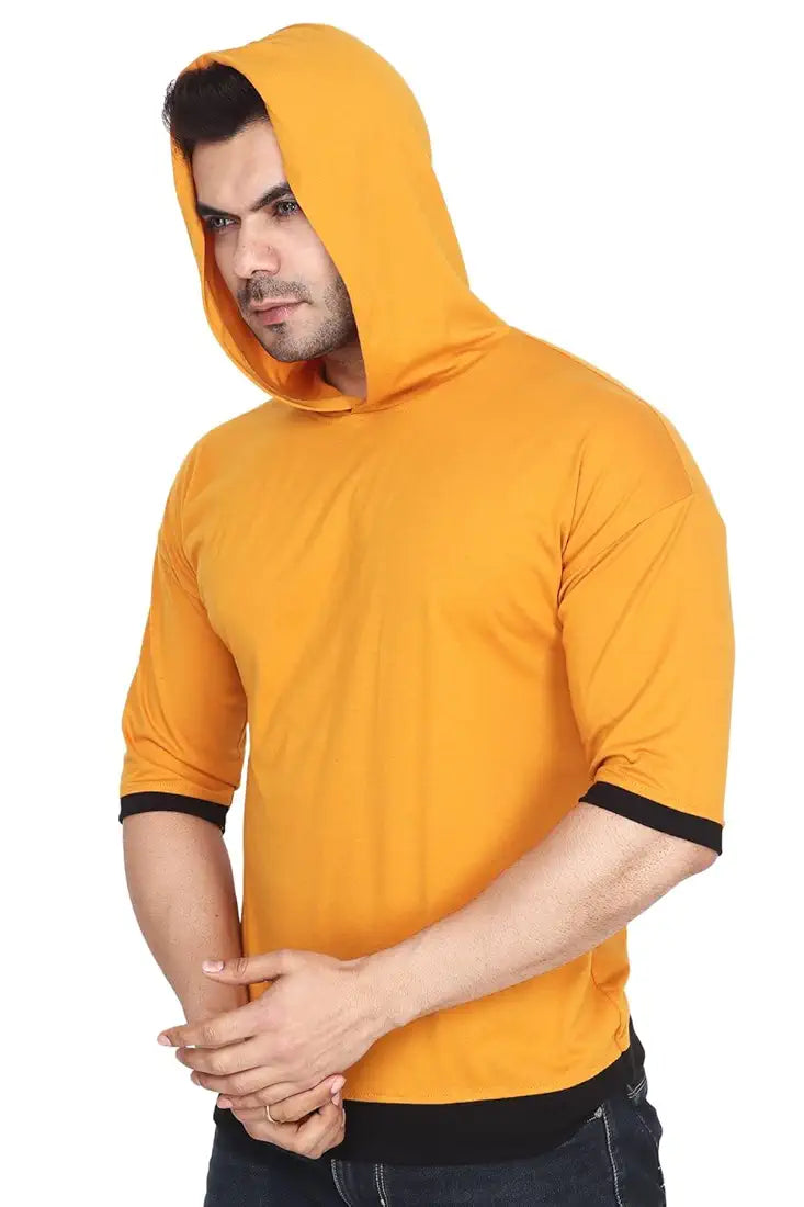 Cotton Blend Dropshoulder Mens Hooded Oversized T-Shirt - Mustard Yellow