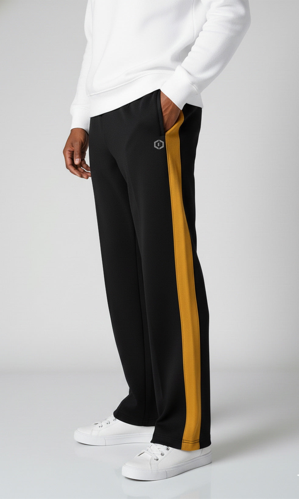 Cotton Blend Men's Track Baggy Pants Black With Mid Mustard Yellow Stripe