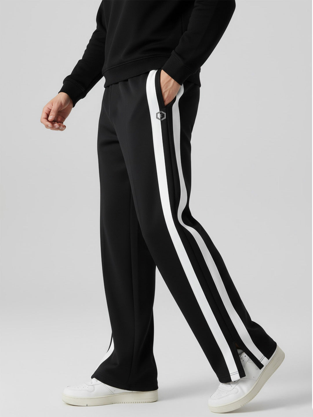 Febue Men's Baggy Street Fashion Track Pants Black With Mid White Two Stripe
