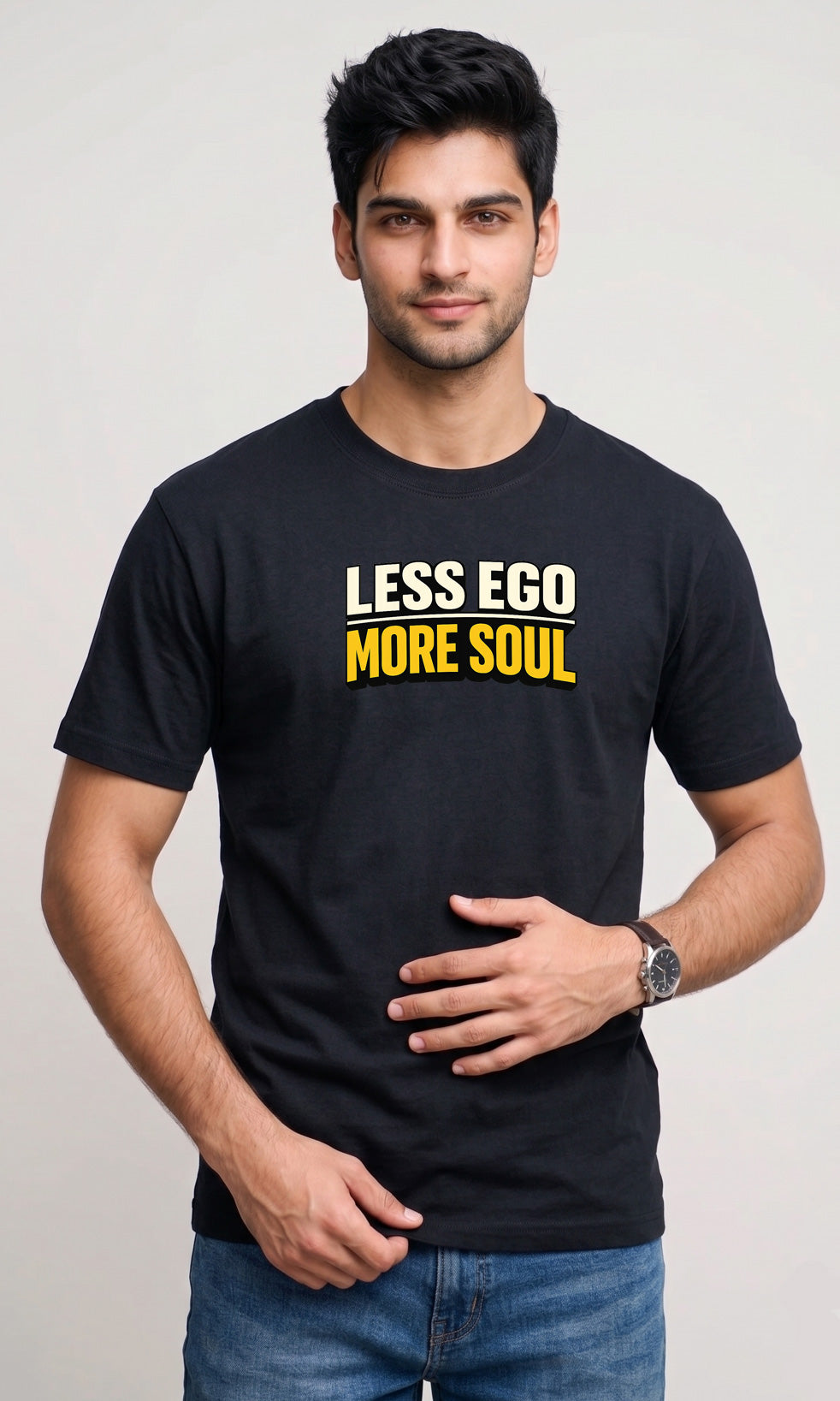 Febue Men's Printed Cotton Blend Regular Black T-Shirt - Less Ego More Soul