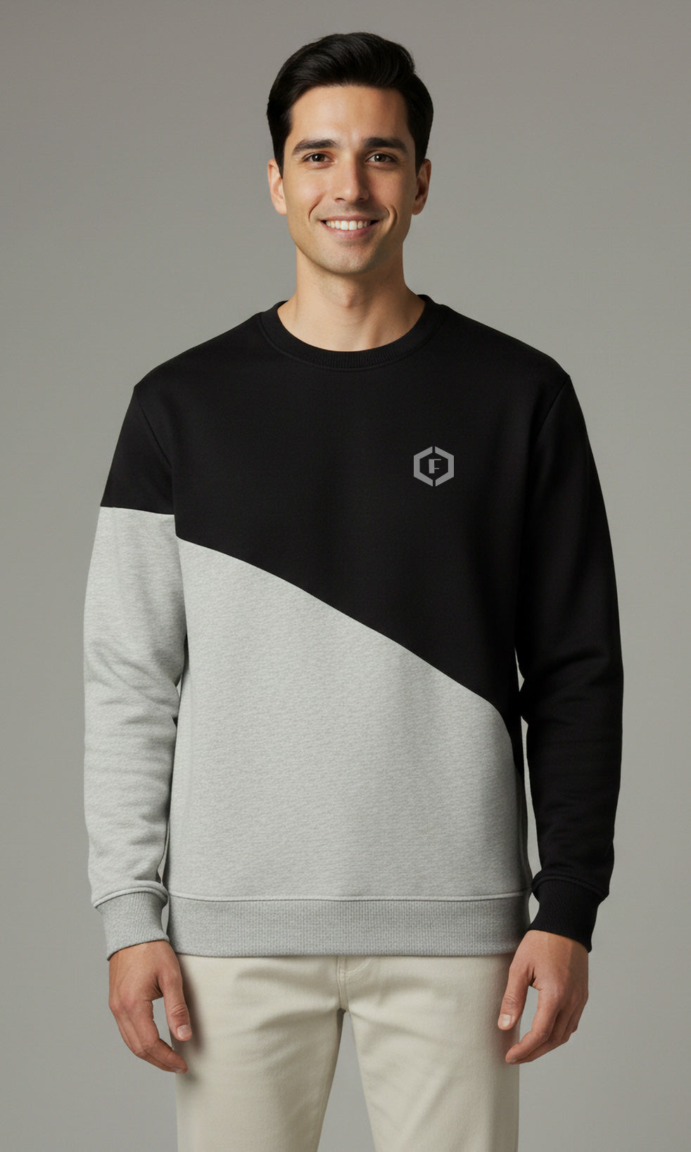 Solid Cotton Blend Mens Relaxed Fit Colorblock Sweatshirt- Black & Grey