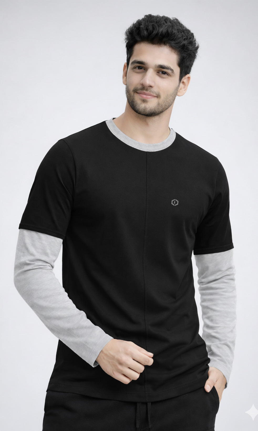 Febue Men’s Colorblock Full Sleeve T-Shirt – Black & Grey | Relaxed Fit with Grey Sleeves & Contrast Neckline