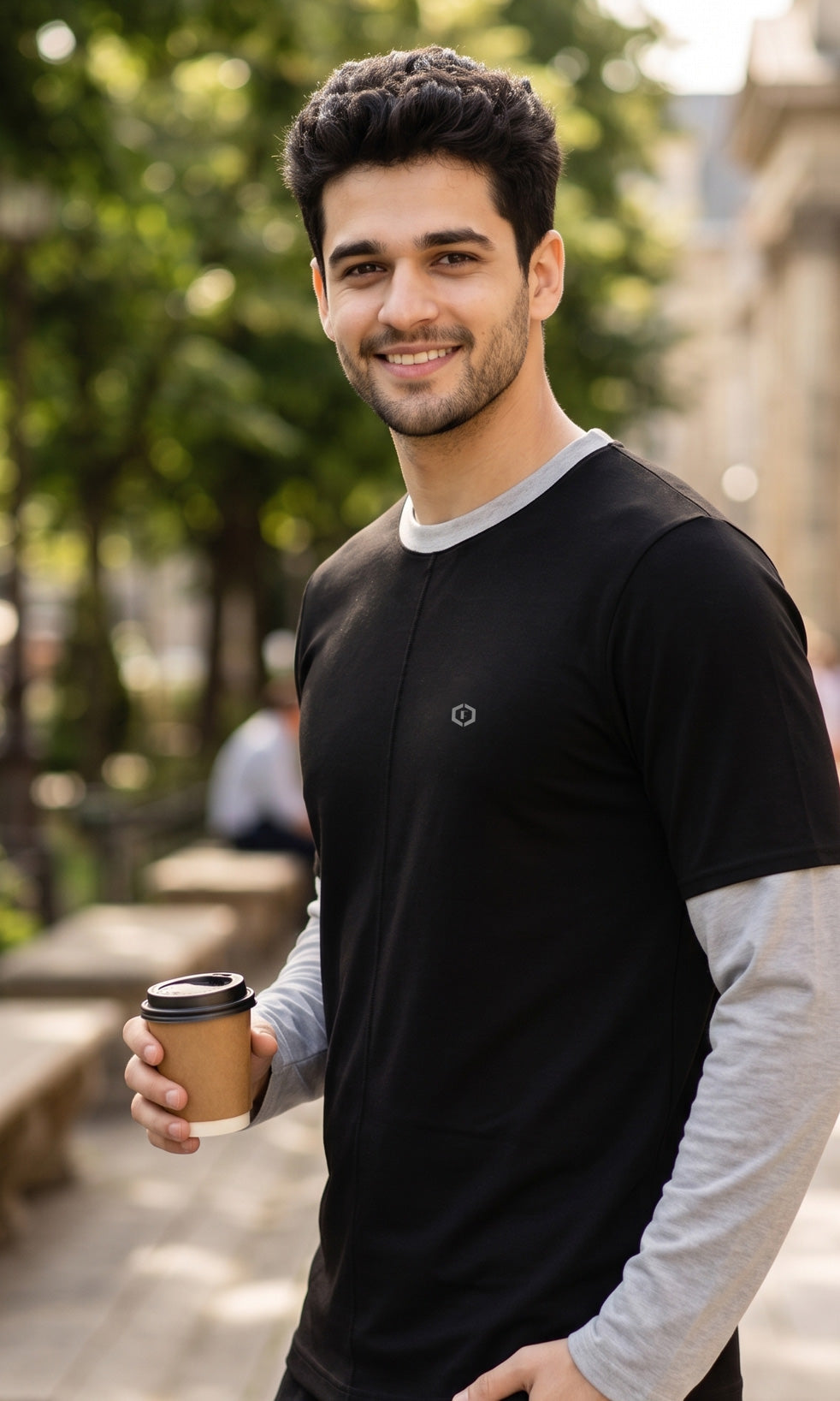 Febue Men’s Colorblock Full Sleeve T-Shirt – Black & Grey | Relaxed Fit with Grey Sleeves & Contrast Neckline
