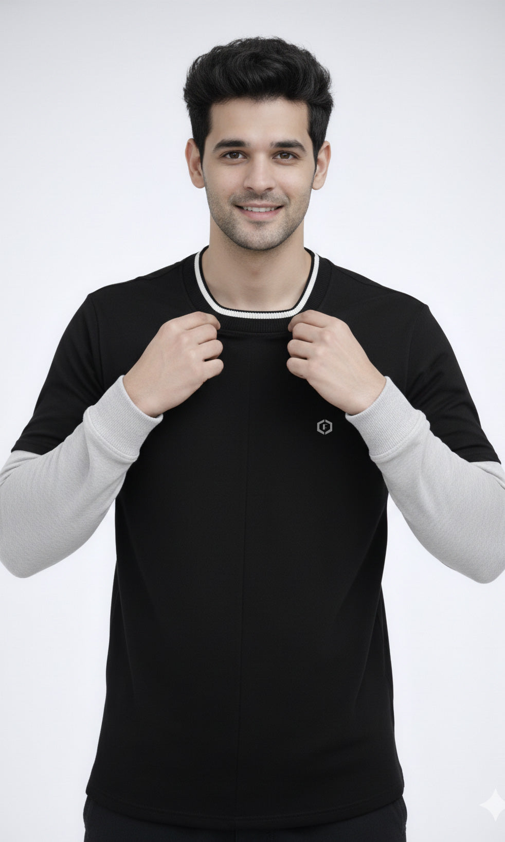 Febue Men’s Black & Grey Colorblock Full Sleeve T-Shirt | Relaxed Fit with Ribbed Neck