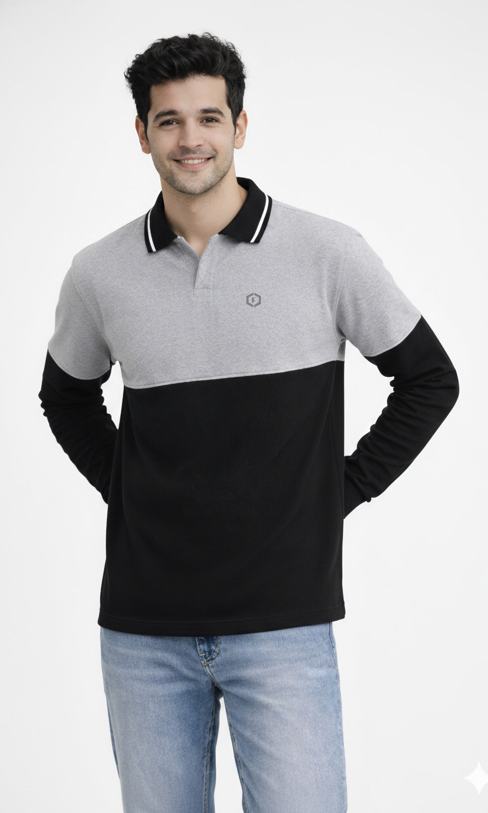 Febue Men’s Collared Colorblock Full Sleeve T-Shirt – Black & Grey | Relaxed Fit