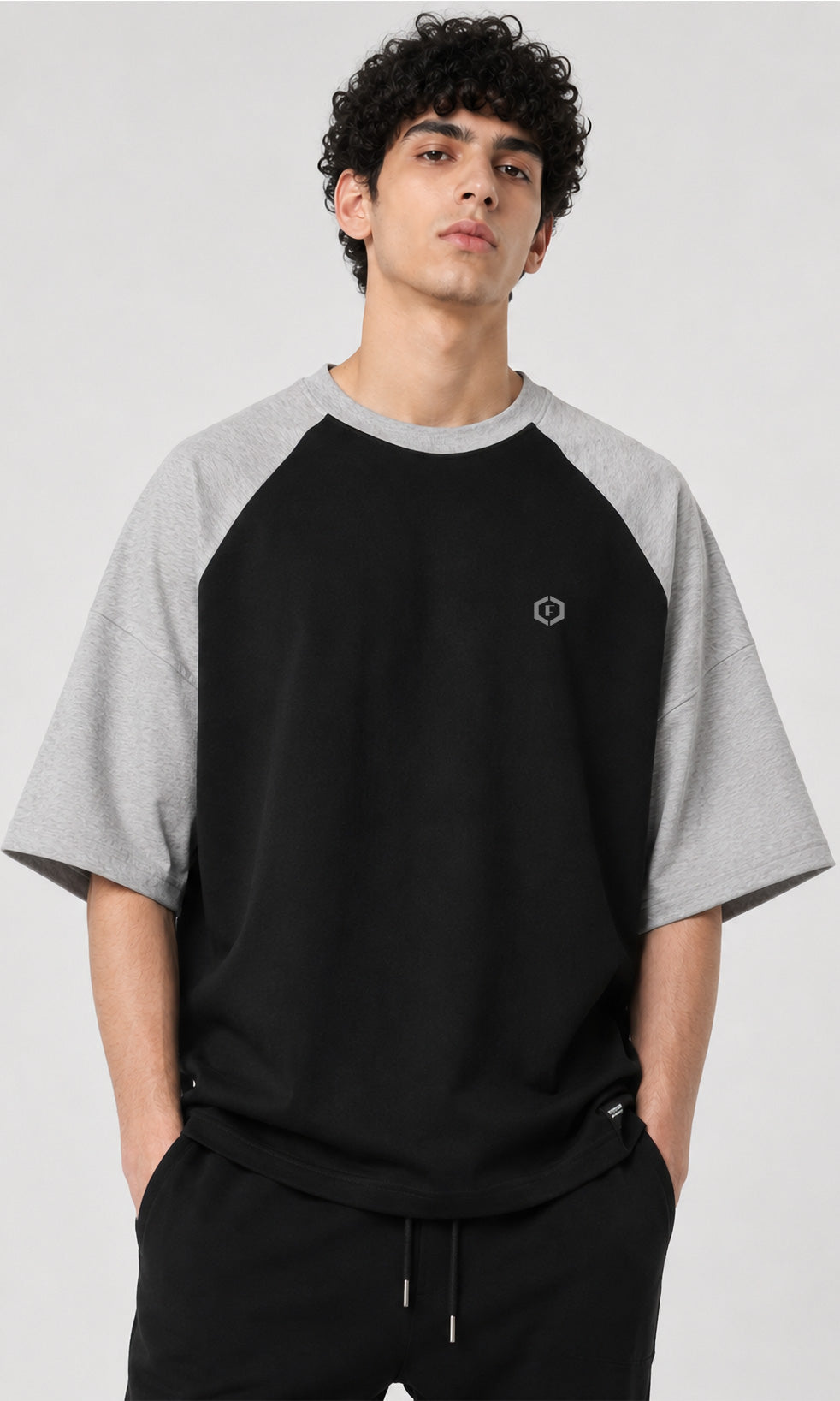 Febue Men's Black & Grey Melange Raglan Oversized T-Shirt | Streetwear Tee