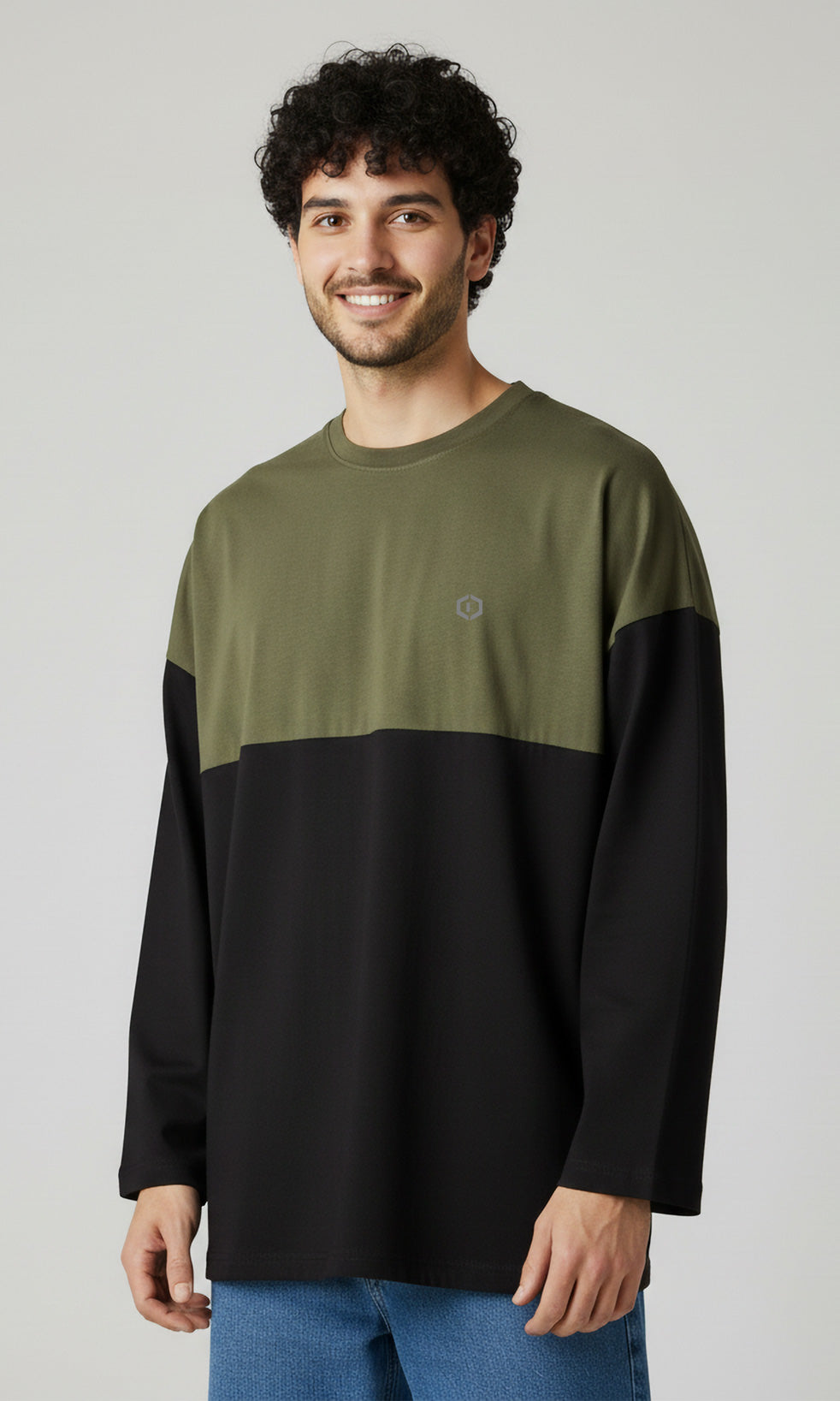 Febue Men’s Oversized Colorblock T-Shirt – Olive Green & Black | Baggy Streetwear Fit