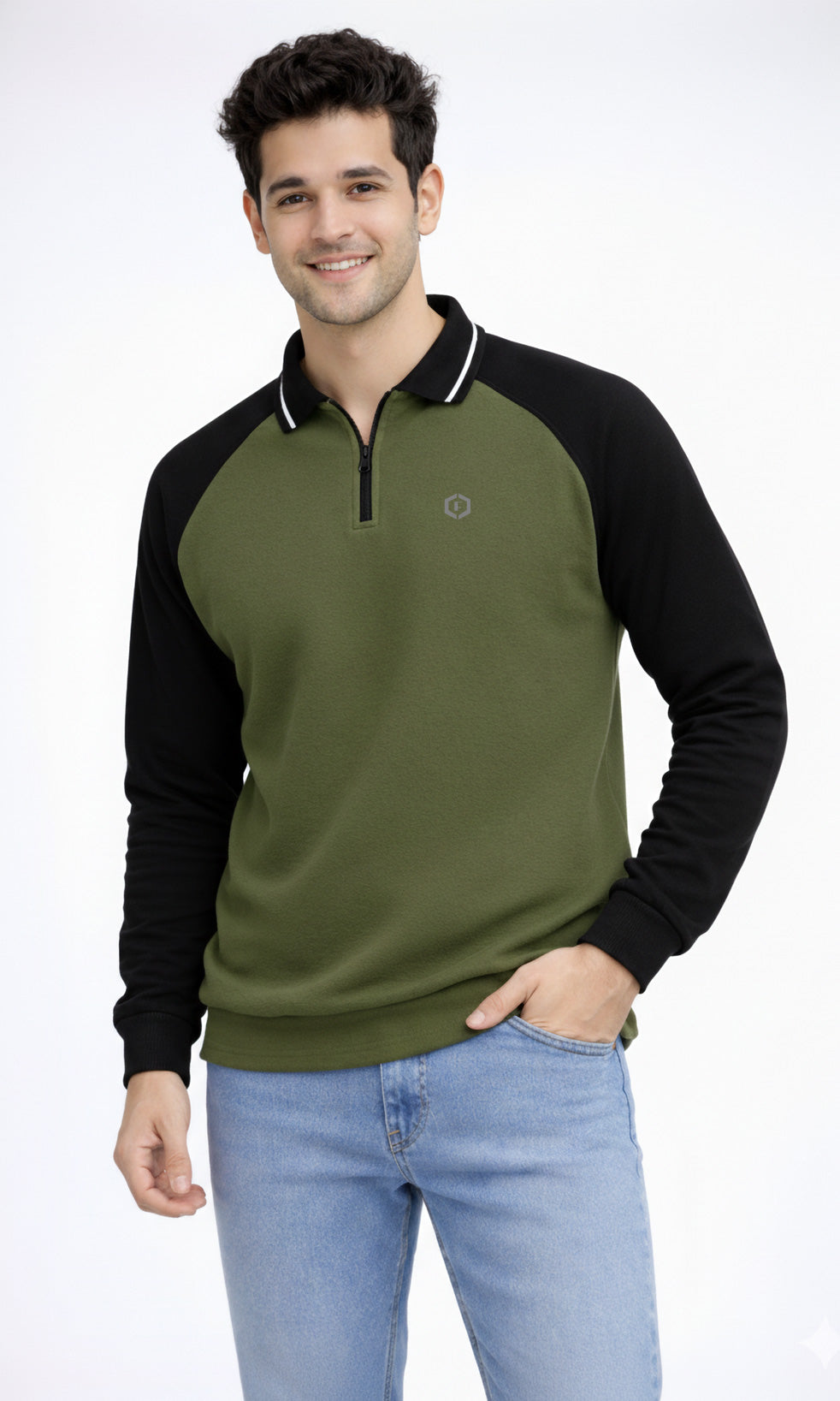 FEBUE Men’s Olive Green Full Sleeve Zipper Polo Raglan T-Shirt | Casual Wear