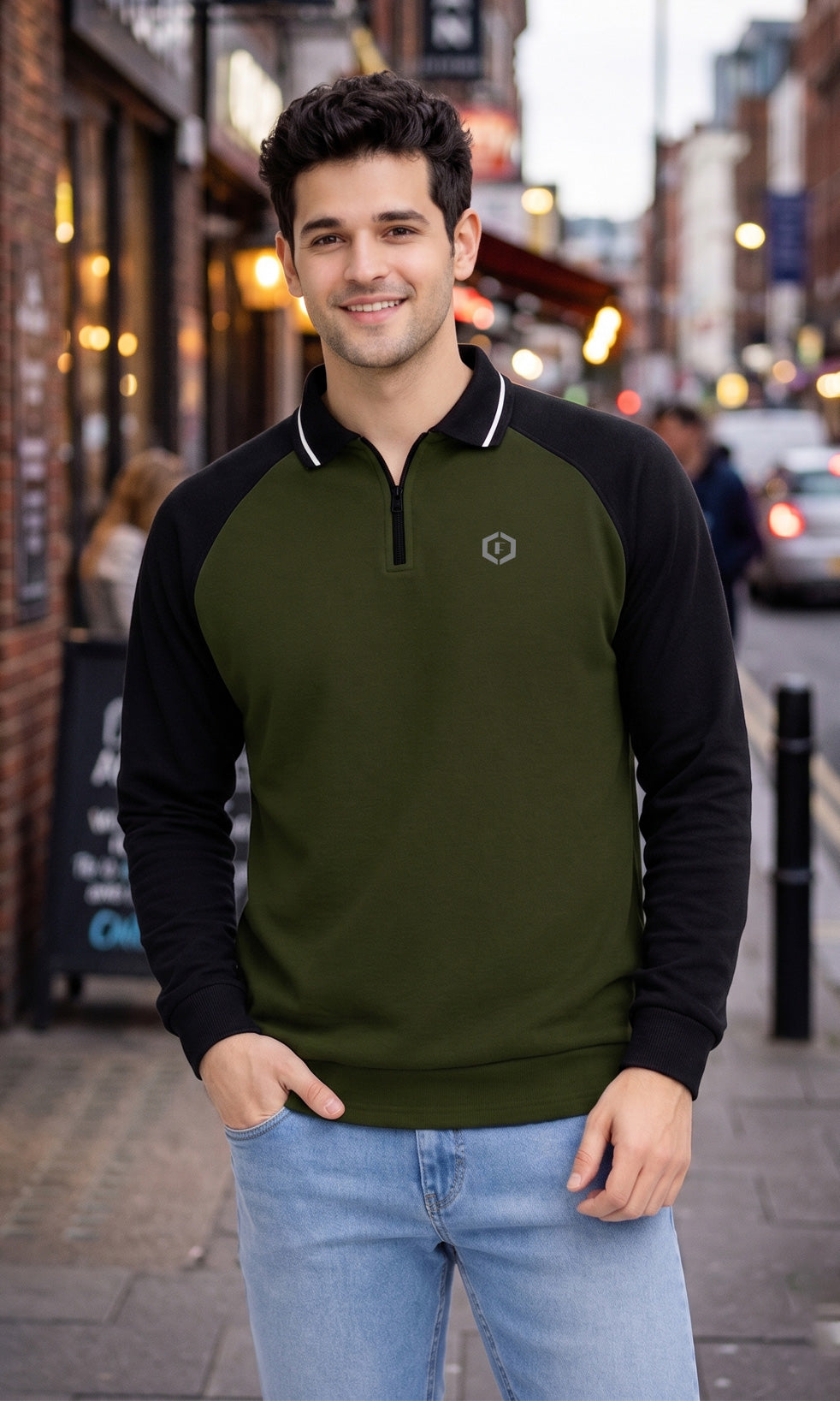 FEBUE Men’s Olive Green Full Sleeve Zipper Polo Raglan T-Shirt | Casual Wear