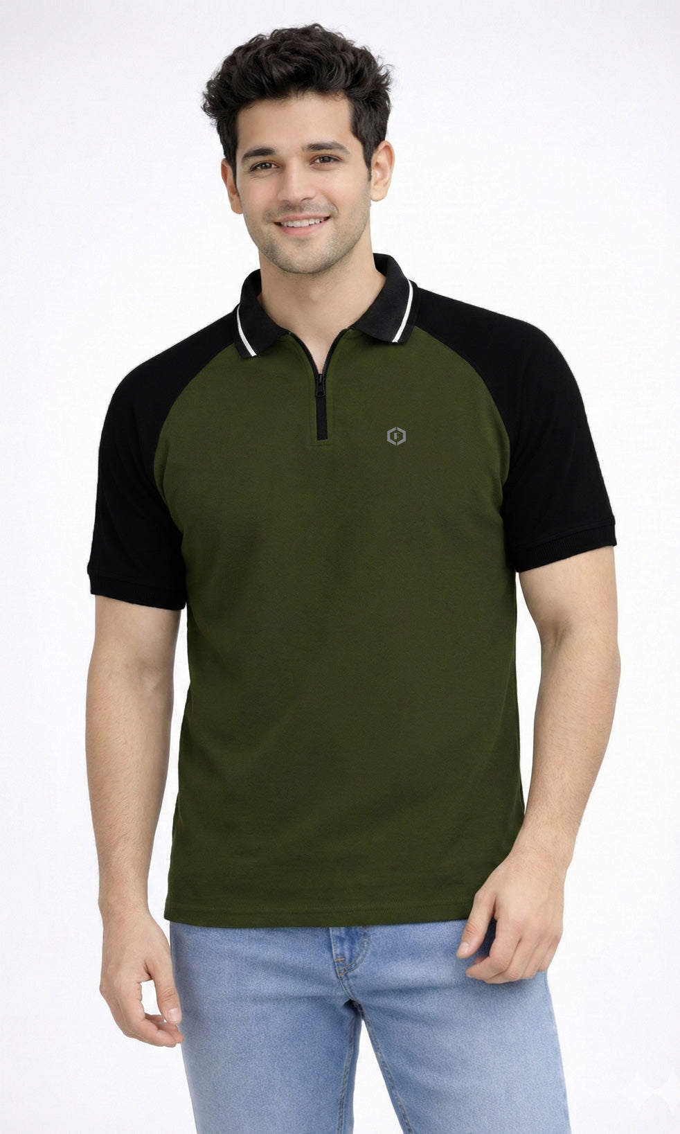 FEBUE Men’s Olive Green Half Sleeves Zipper Polo Raglan T-Shirt | Casual Wear