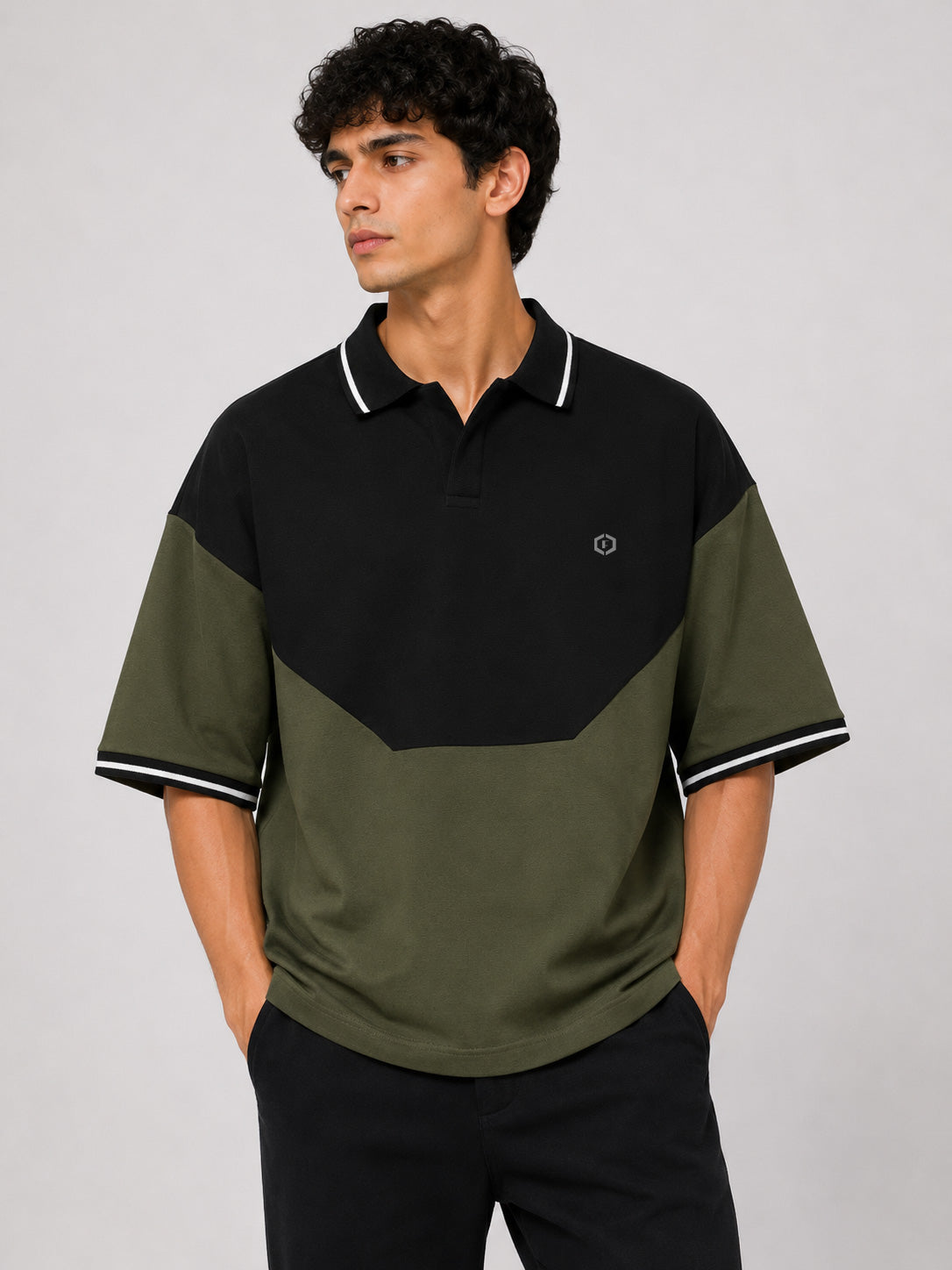 Men's Relaxed Fit Olive Green & Black Colorblock Polo T-Shirt | Drop Shoulder Streetwear Tee