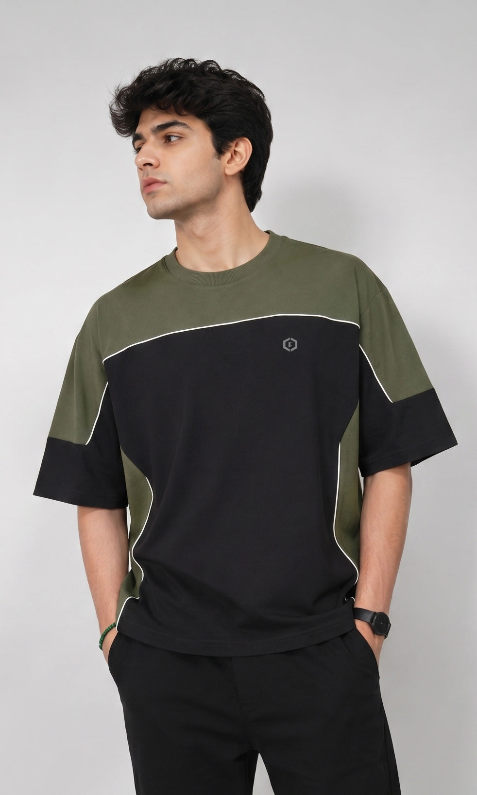 Men's Relaxed Fit Olive Green & Black Colorblock Drop Shoulder T-Shirt | Streetwear Tee