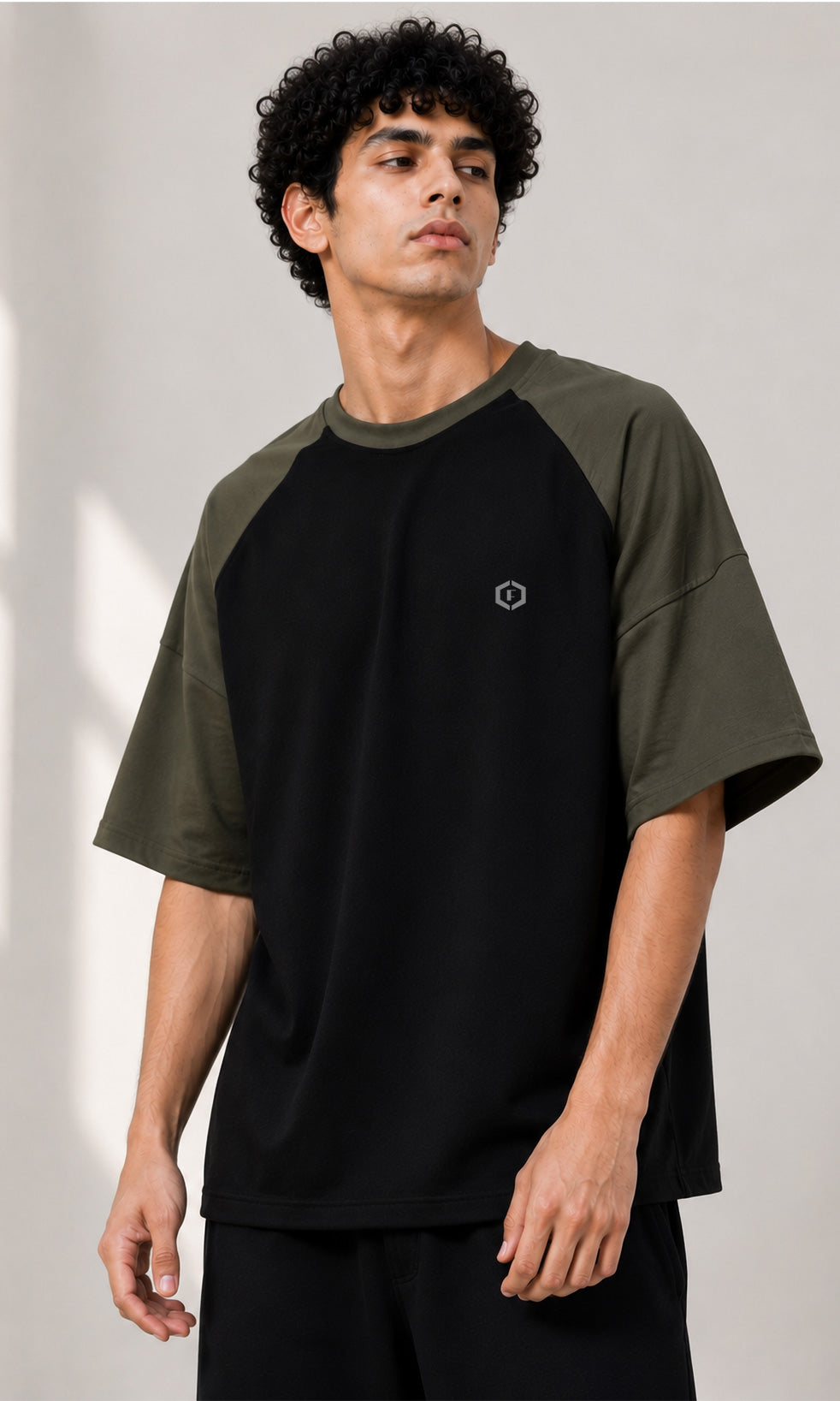 Febue Men's Black & Olive Raglan Oversized T-Shirt | Streetwear Tee