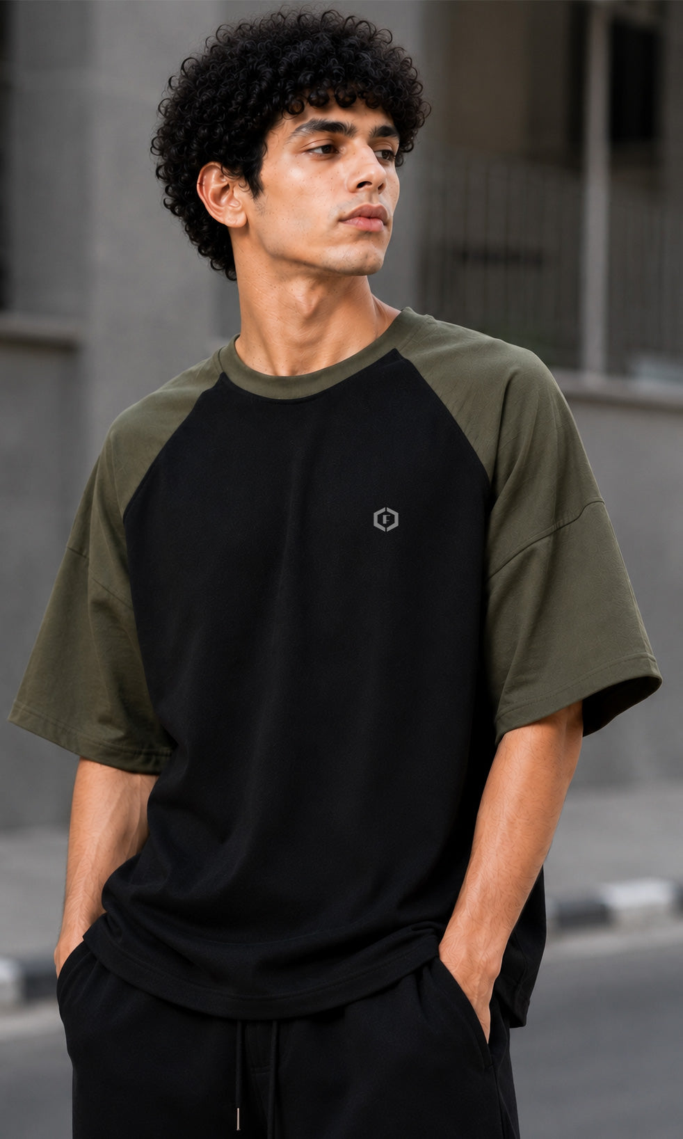 Men's black olive raglan oversized T-shirt - Febue