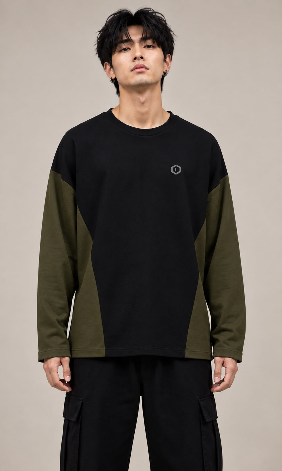 Men’s Black & Olive Green Colorblock Oversized Fullsleeves T-Shirt