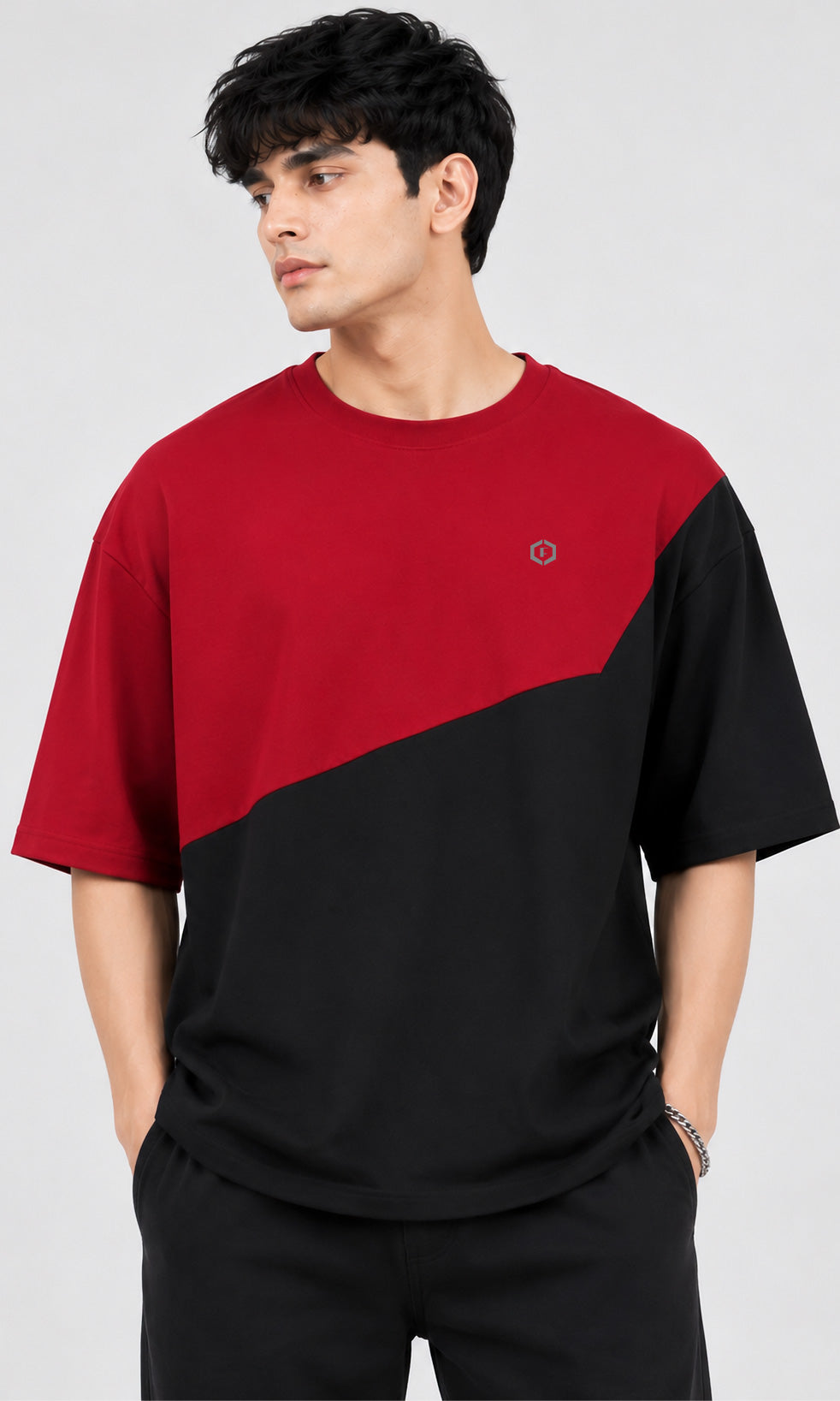 Febue Men's Dropshoulder Relaxed Fit T-Shirt - Black & Red Colorblock Streetwear Tee