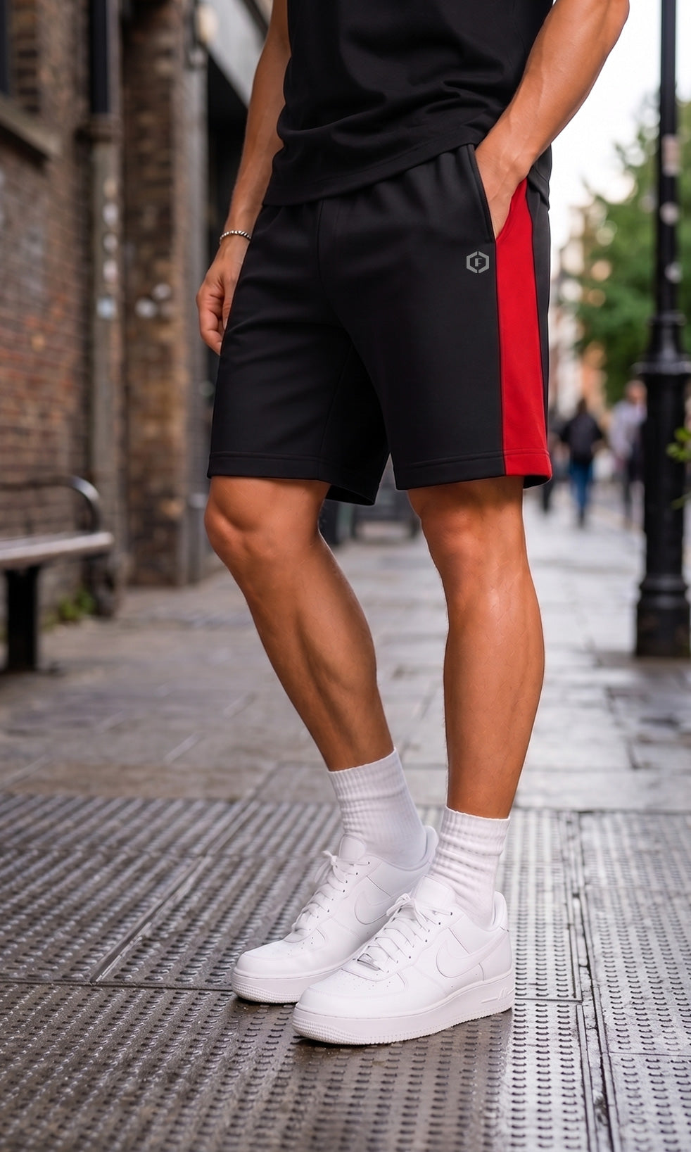 Febue Men's Black & Red Color Block Cotton Blend Shorts