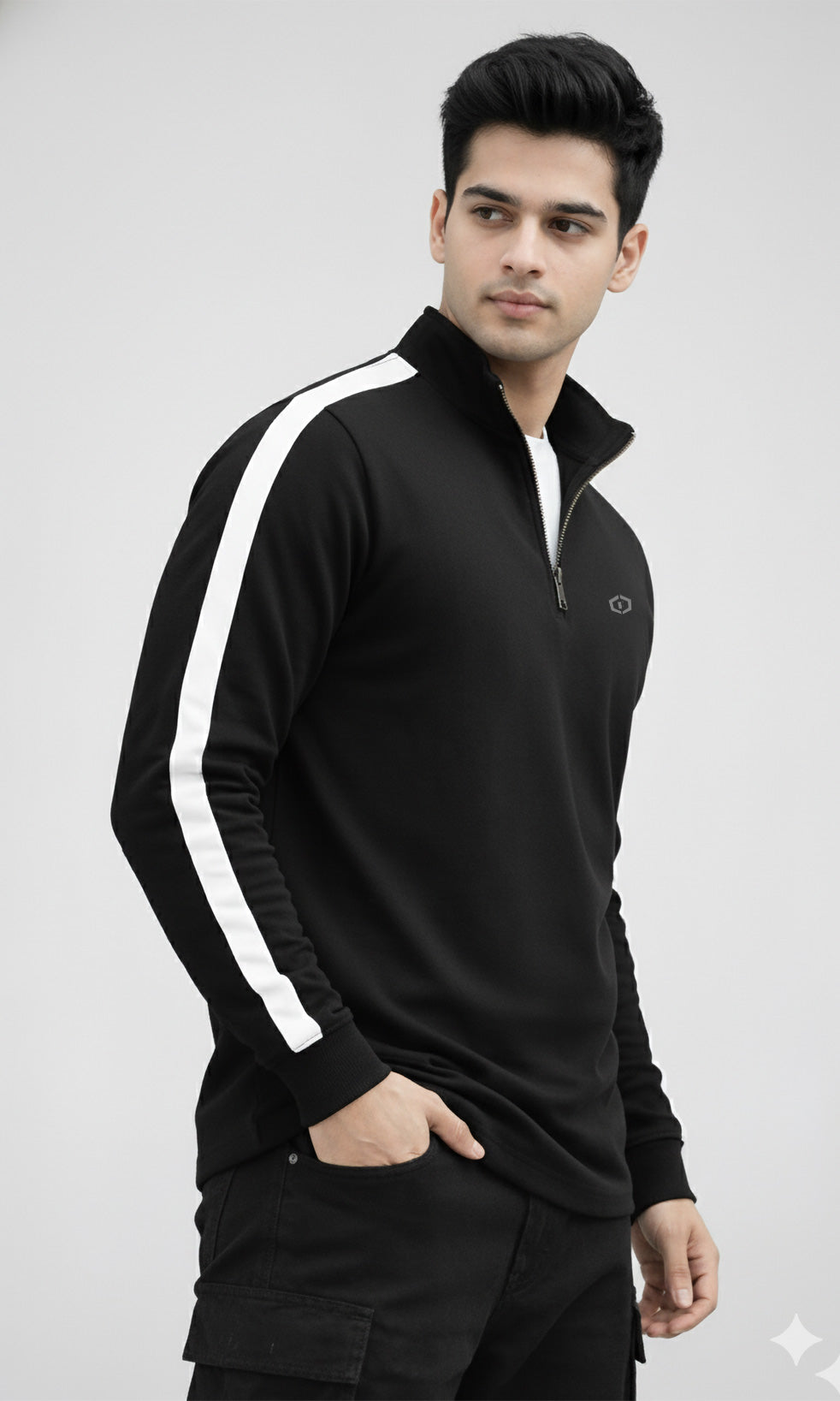 FEBUE Men’s Streetwear Zipper Cotton Blend Fullsleeves Strip Relaxed T-Shirt – Black