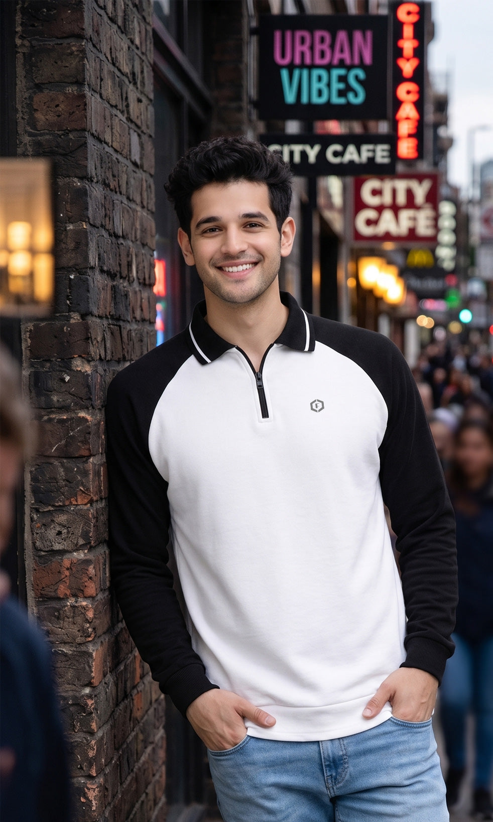 FEBUE Men’s White Full Sleeve Zipper Polo Raglan T-Shirt | Casual Wear