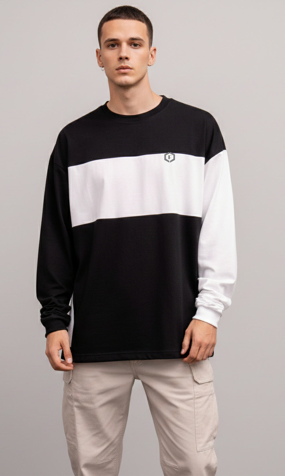 Febue Men’s Baggy Fit Dual Sleeve Colorblock T-Shirt – Black & White Arm I Streetwear I Statement Piece