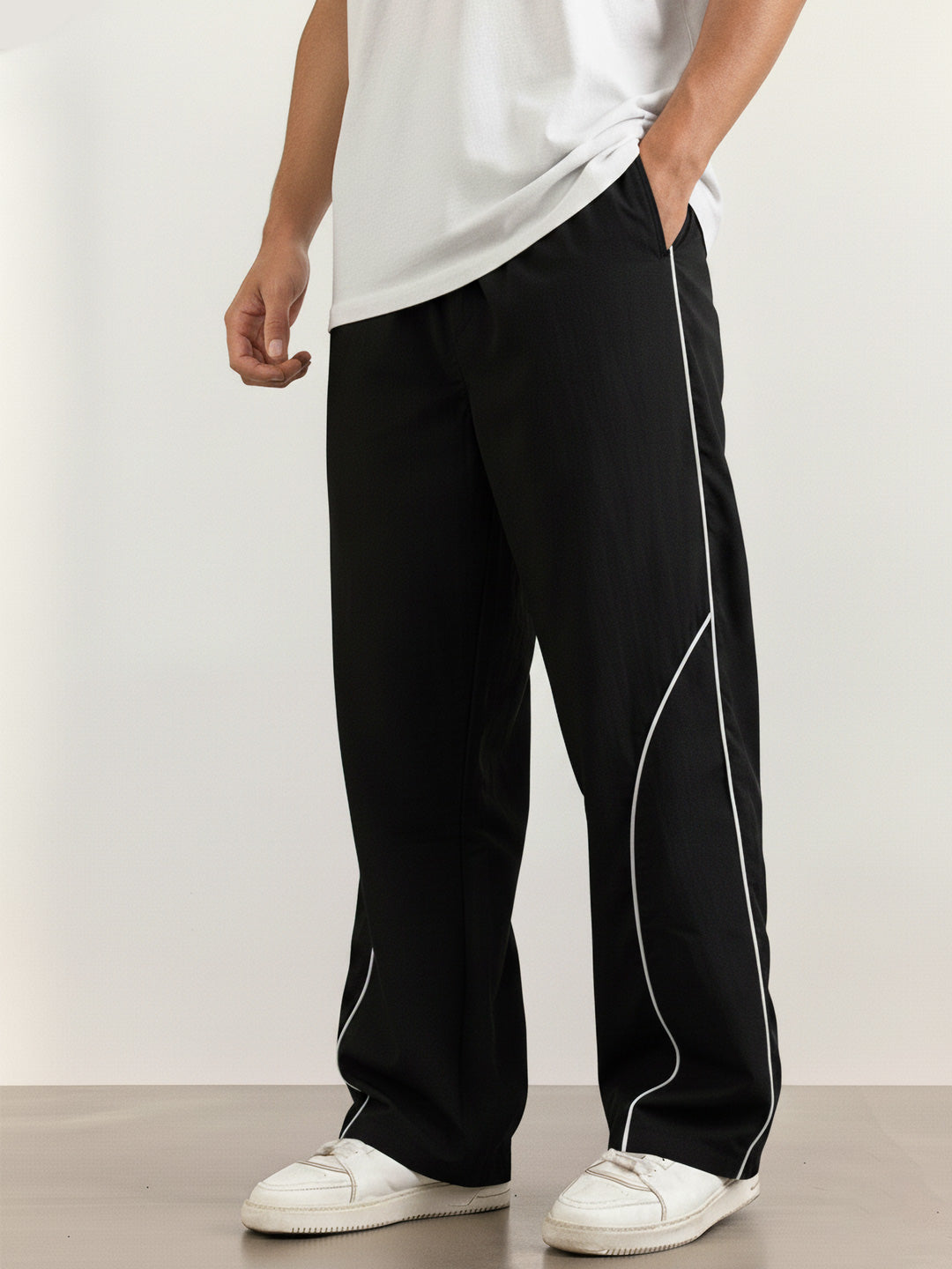 Febue Men's Baggy Street Wear Track Pants Black With Mid White Side & Front Pipen