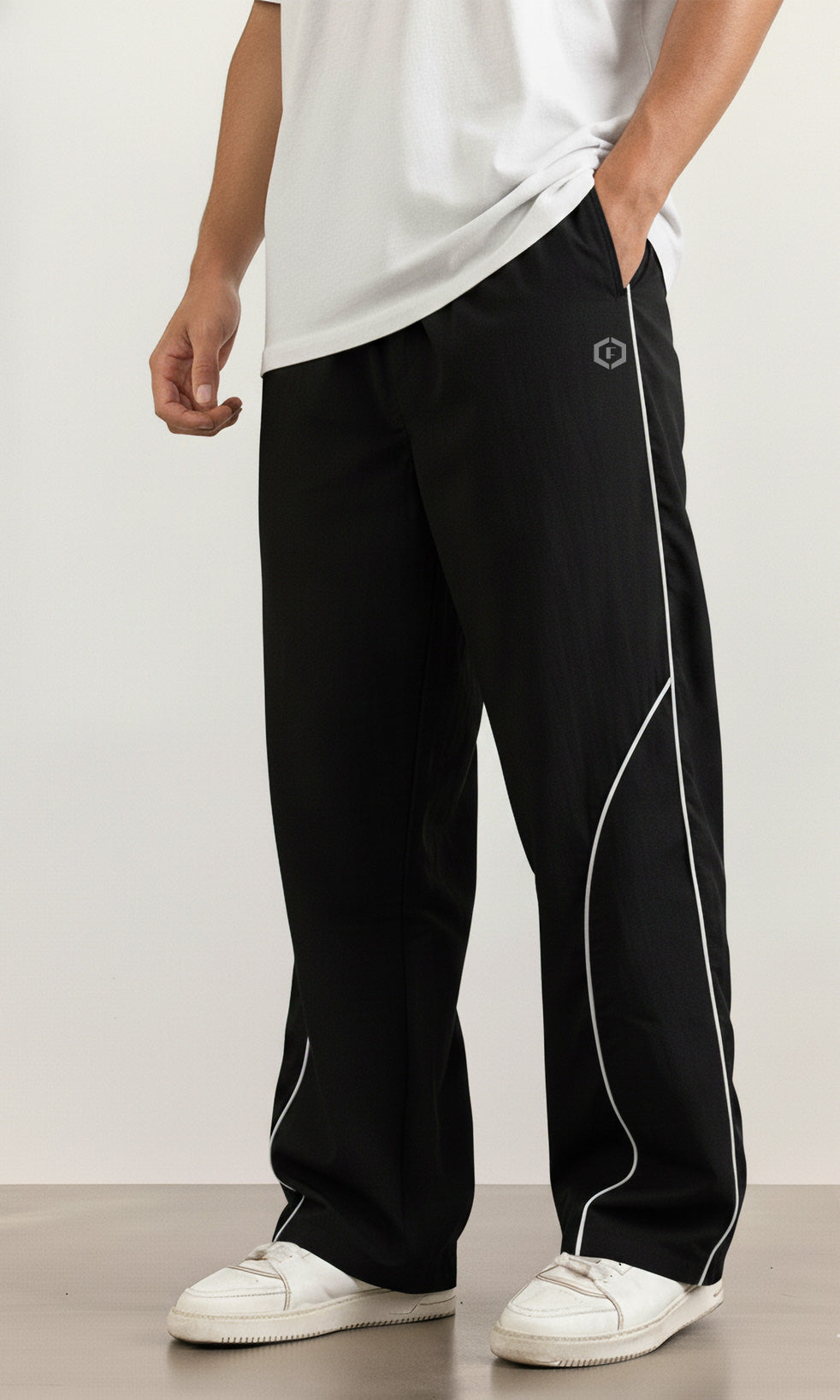 Cotton Blend Men's Track Baggy Pants Black With Mid White Side & Front Pipen