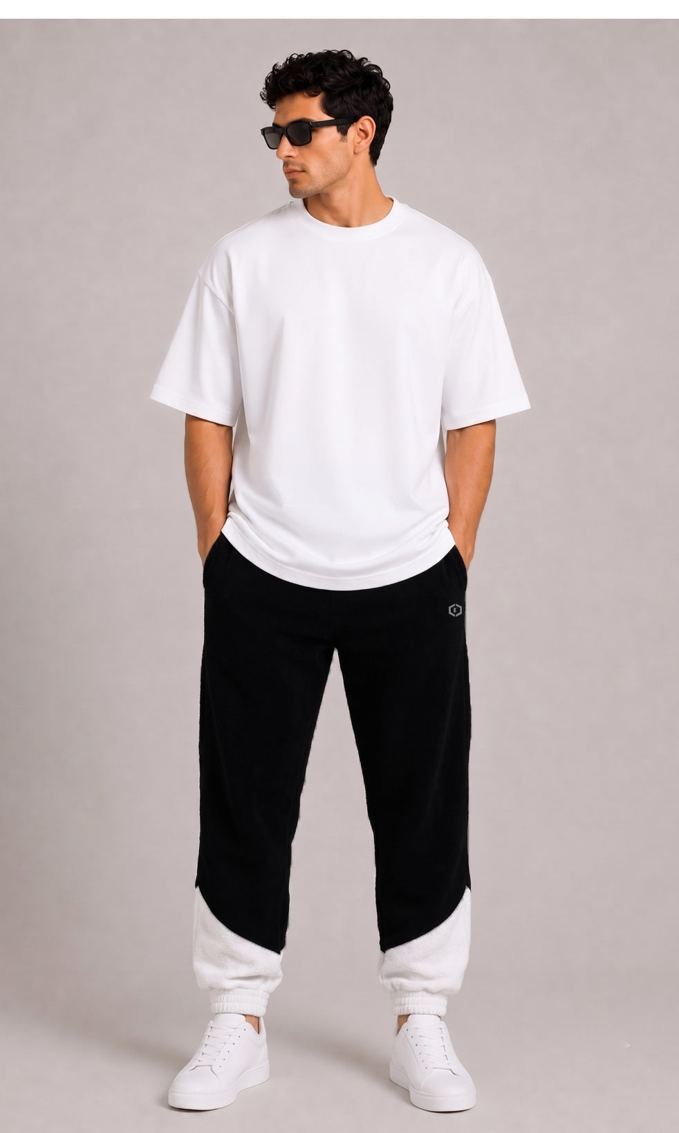 Men's Premium Black & White Baggy Joggers Relaxed Fit Streetwear Track Pants