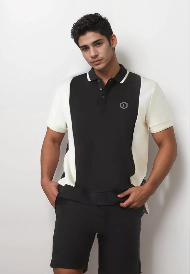 Mens Color-blocked Strip Collar Polo Oversized T-shirt - Black & White
