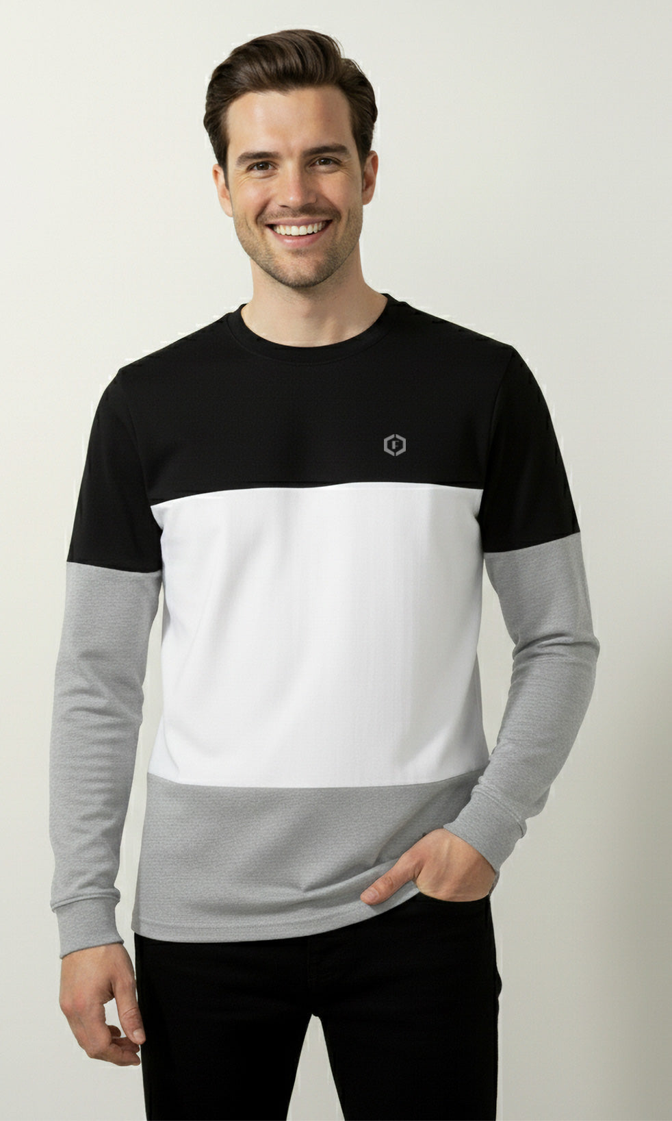 Febue Men’s Black White Grey Colorblock Full Sleeve T-Shirt | Regular Fit| Casual Wear