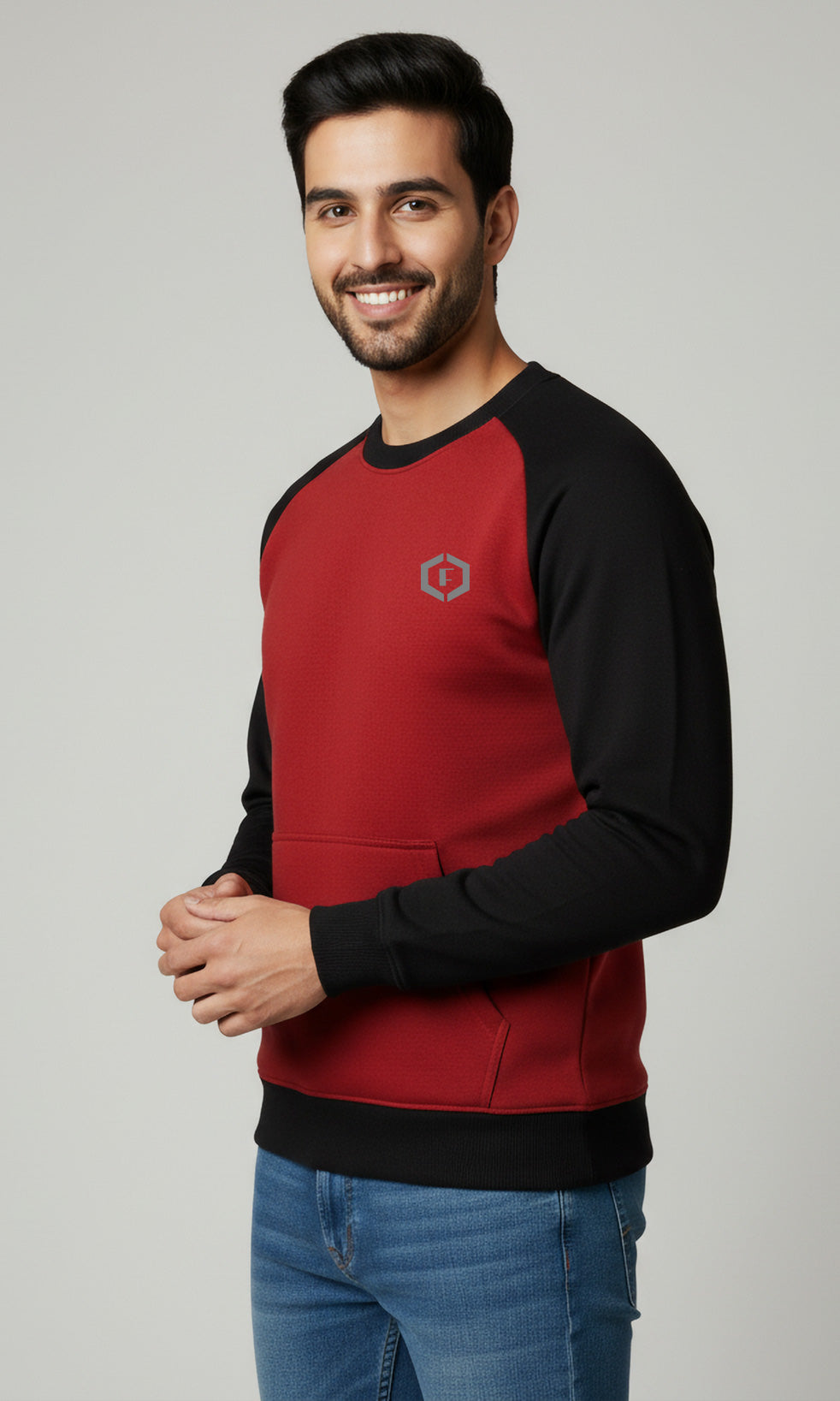 Solid Cotton Blend Mens Relaxed Fit Colorblock Sweatshirt- Black & Wine