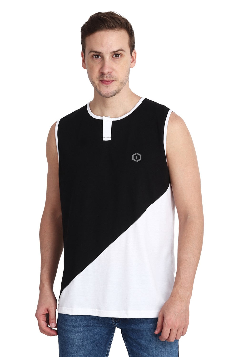 Mens Color-blocked Neck Slit Vest Slant Top Tank - Black White