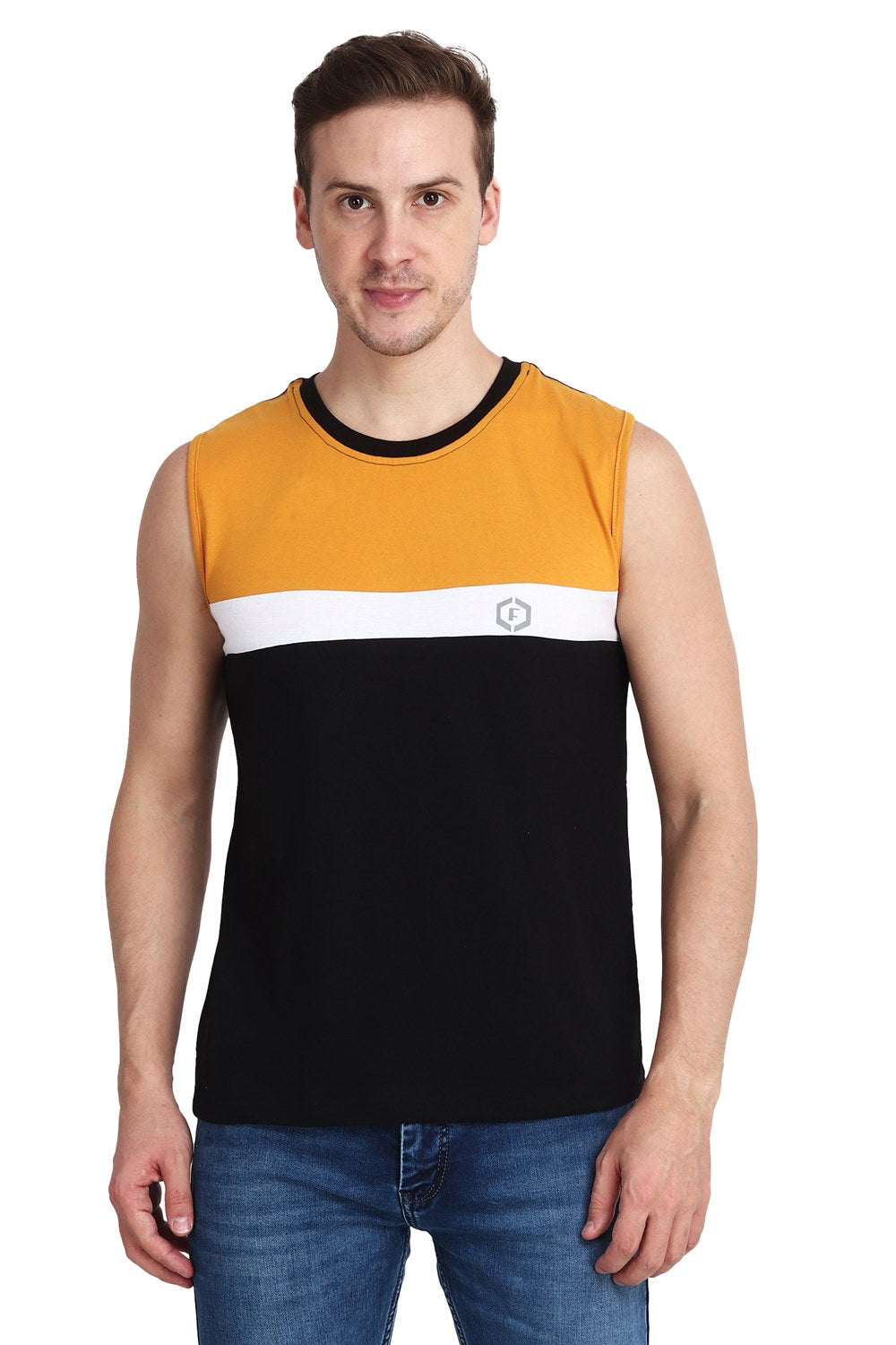 Febue Mens Color-blocked Vest Top Tank - Black Mustard White