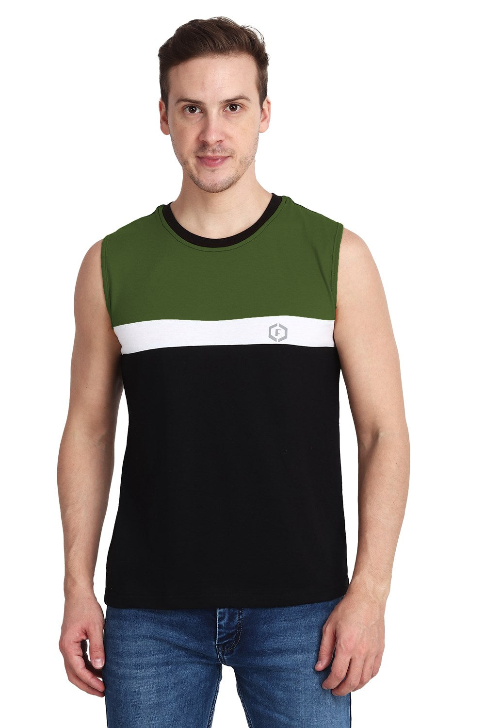 Febue Mens Color-blocked Vest Top Tank - Black Olive White