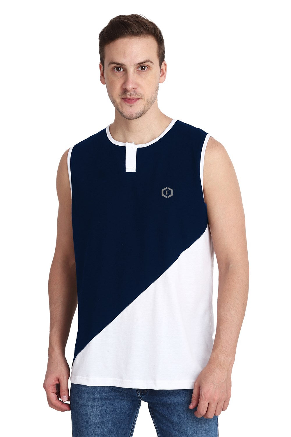 Mens Color-blocked Neck Slit Vest Slant Top Tank - Navy White
