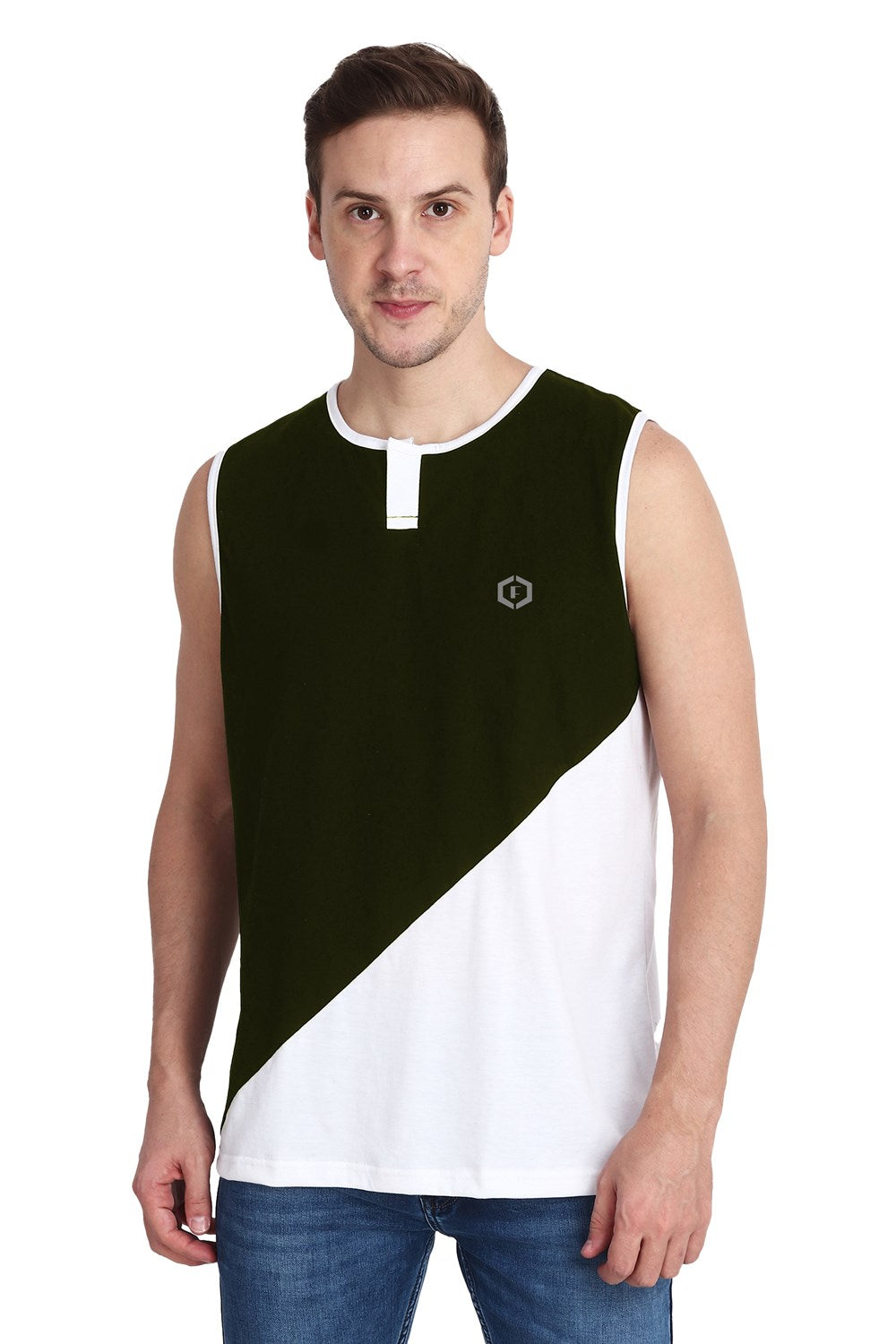 Mens Color-blocked Neck Slit Vest Slant Top Tank - Olive White