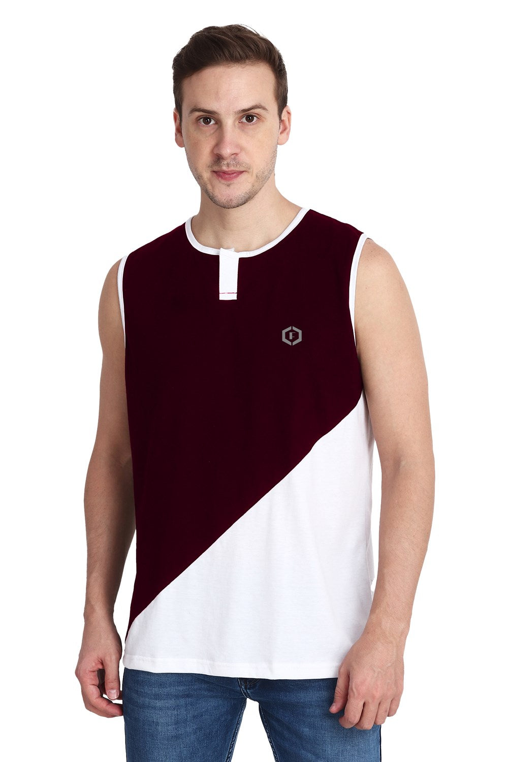 Mens Color-blocked Neck Slit Vest Slant Top Tank - Wine White
