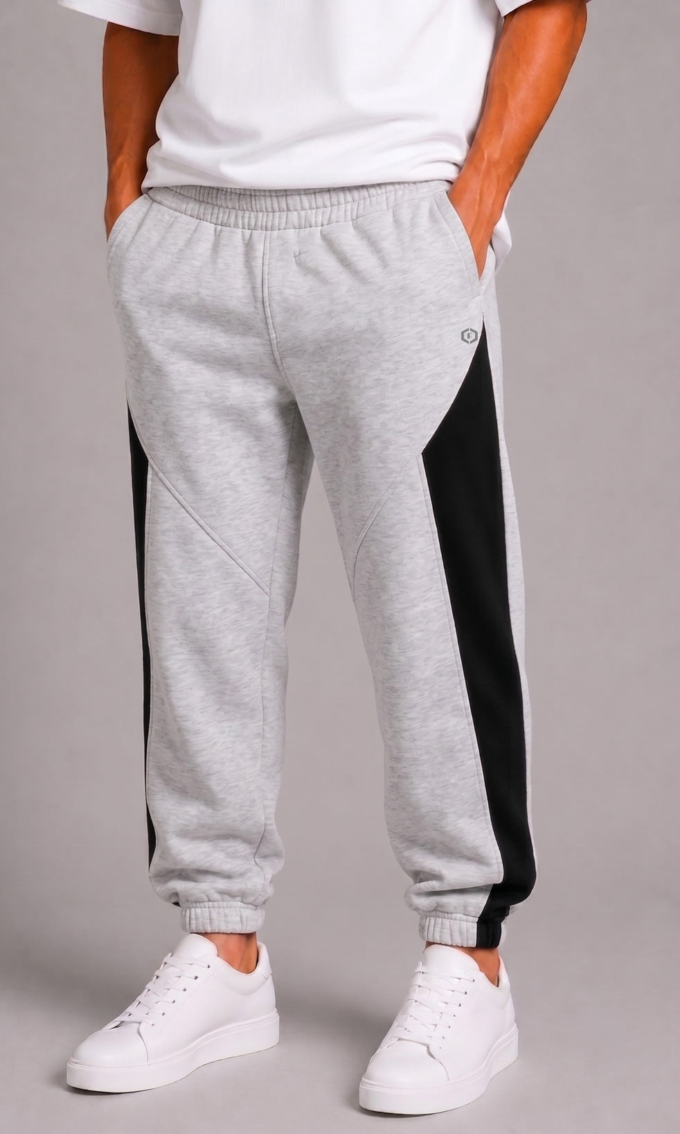 Men's Light Grey Melange & Black Color Block Baggy Joggers| Relaxed Fit Premium Streetwear Track Pants