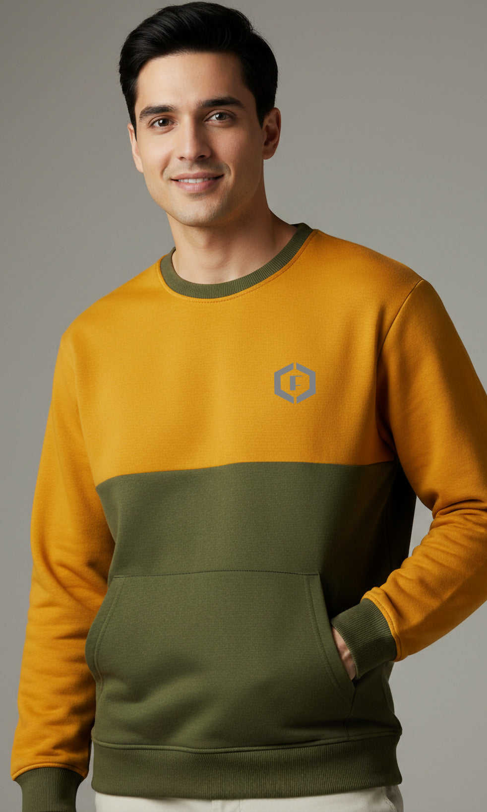 Solid Cotton Blend Mens Relaxed Fit Colorblock Sweatshirt- Mustard & Olive