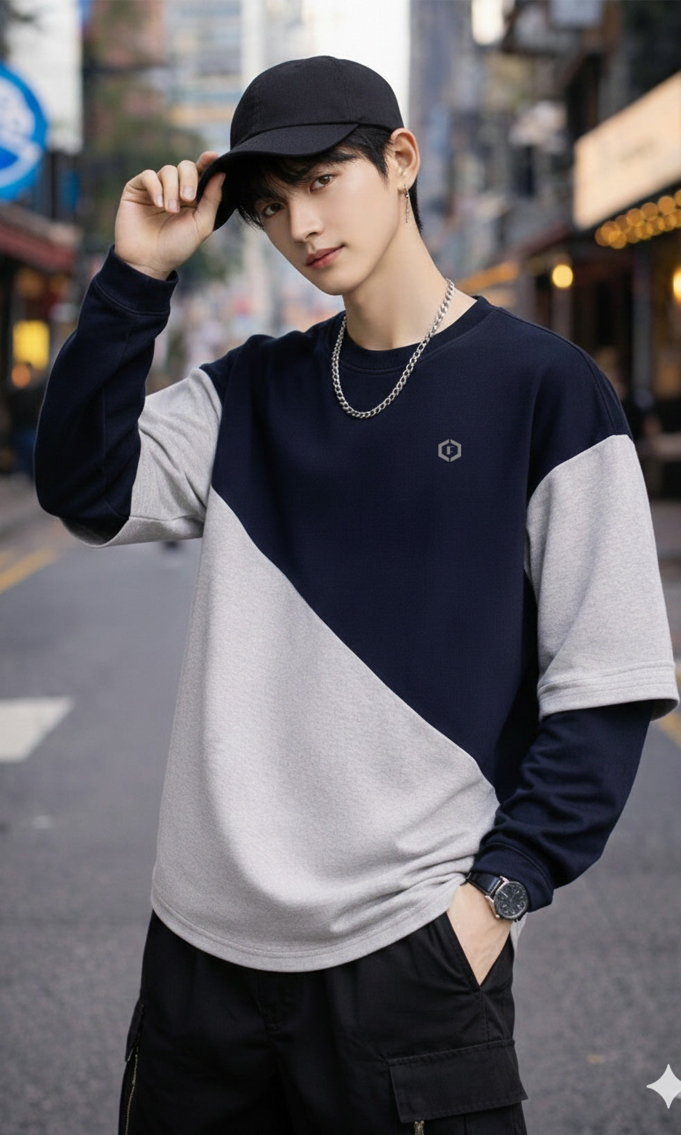 Febue Korean Style Baggy Oversized Colorblock Mens Streetwear T-shirt – Navy/Light Grey