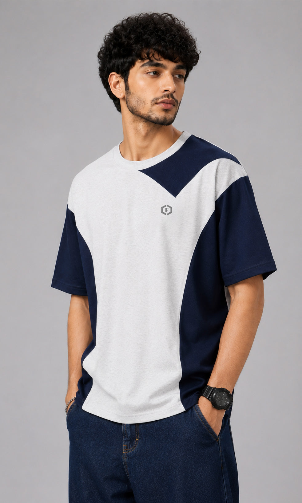 Febue Men's Regular Fit T-Shirt - Grey & Navy Colorblock Streetwear Tee