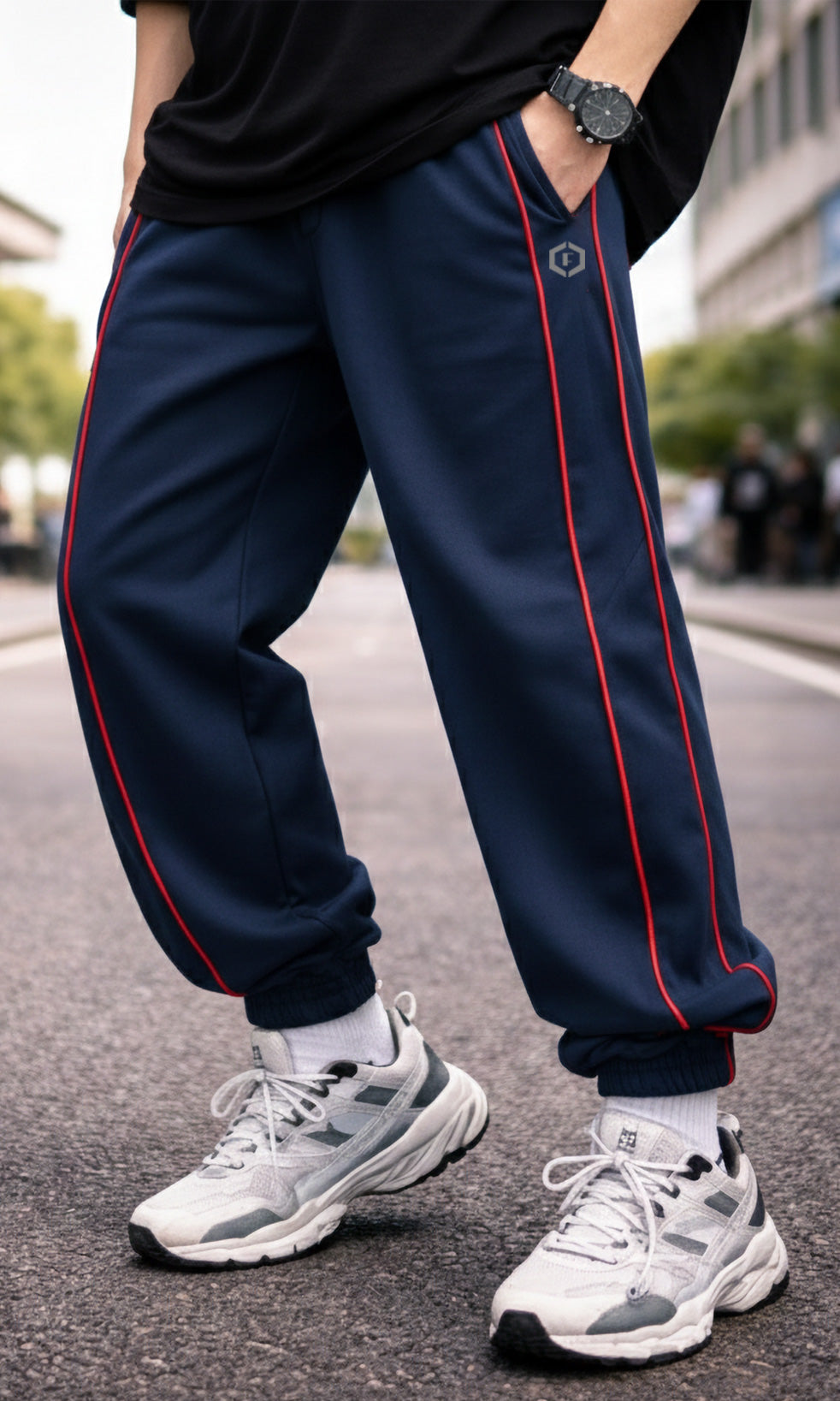 Men’s Cotton Blend Street Style Joggers – Athletic Fit Navy Blue with Red Side Piping