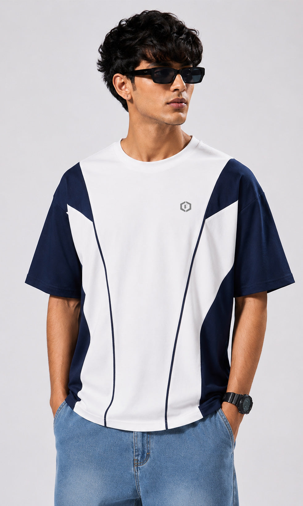 Febue Men's Regular Fit T-Shirt - White & Navy Blue Colorblock Streetwear Tee